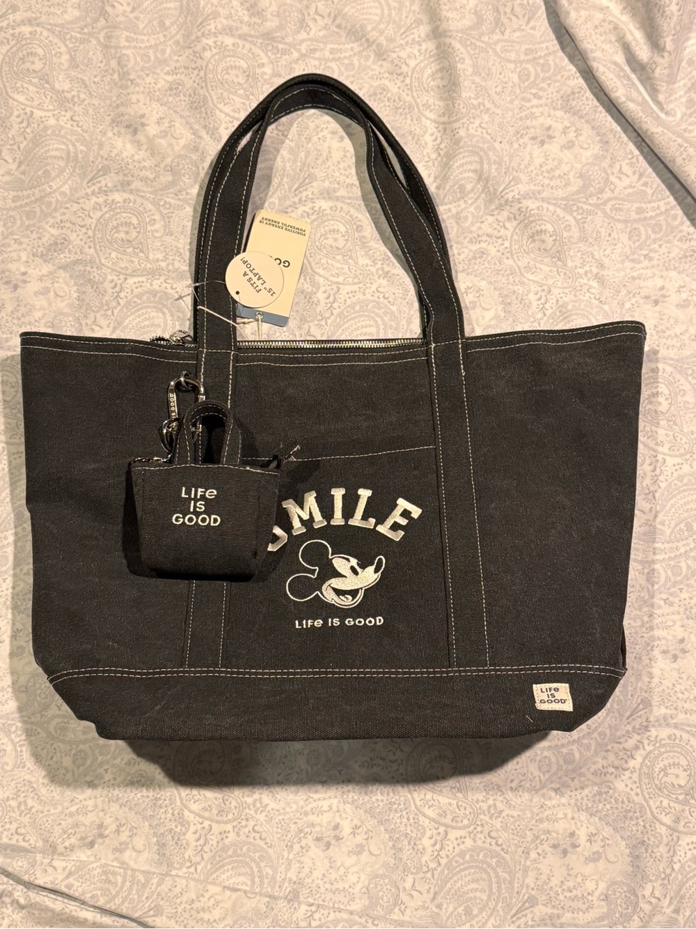 Mickey Mouse ‘Life Is Good’ Black Canvas Tote w/ Mini Pouch and Interior Pockets